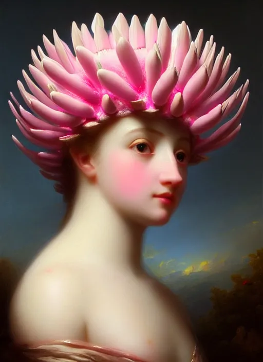 Prompt: stunning canadian godess princess, detailed pink and white protea head peace against a black backdrop by ivan aivazovsky, wlop, super sharp details, photorealism, 5 0 mm lens, oil painting, beautiful soft lighting, muted colours, artstation