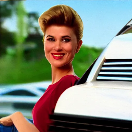 Image similar to vintage 90s VHS video still of a woman on a commercial promoting a new 90s car, realistic photo