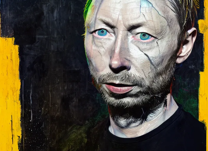 Prompt: portrait of thom yorke, by vincent lefevre and hernan bas and pat steir and hilma af klint, psychological, photorealistic, dripping paint, washy brush, rendered in octane, altermodern, masterpiece