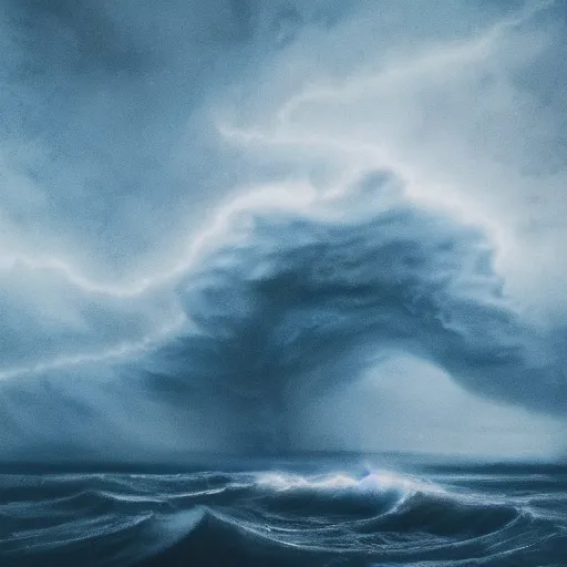 Image similar to gigantic skyscaper standing alone in a giant sea, storm, thunder, dark, art