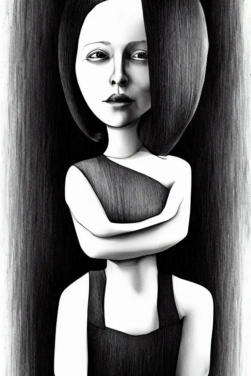 Prompt: portrait of a girl in long pants and a top, hands in pockets, eyes closed, bob haircut, digital art, black and white, illustration by giger