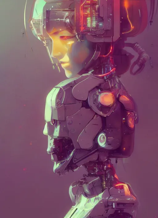 Prompt: surreal illustration, by yoshitaka amano, by ruan jia, by conrad roset, by Kilian Eng, by good smile company, detailed anime 3d render of a female mechanical android, portrait, cgsociety, artstation, modular patterned mechanical costume and headpiece, retrowave atmosphere