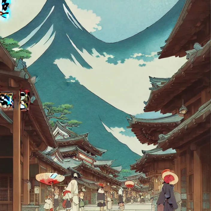 Image similar to japanese mountain town, summer, in the style of studio ghibli, j. c. leyendecker, greg rutkowski, artem