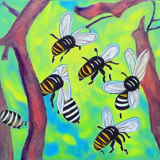 Image similar to bees flying in the woods, acrylic by yelena york