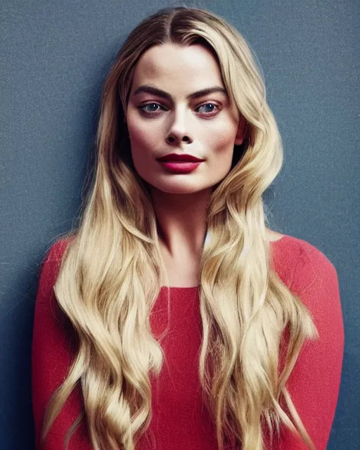 Prompt: Beautiful Head and shoulders portrait of confident flirty margot robbie with straight long blonde hair, by Zoë Mozert , alberto Vargas, arney freytag, artstation, 35mm, fashion photoshoot, posing in an urban street, fashion pose, octane, 4k