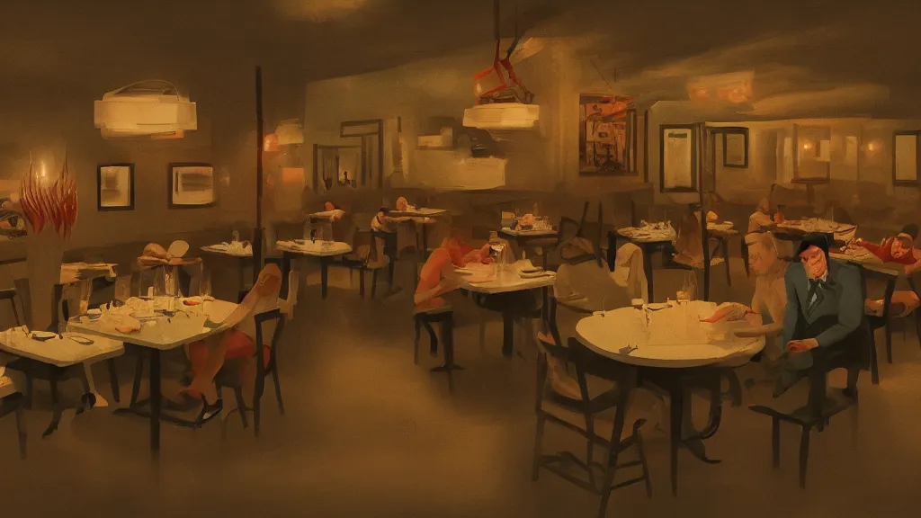 Image similar to At the restaurant, in the style of David Lynch, by Wes Anderson, concept art, artstation