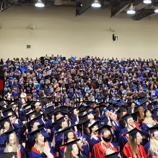 Prompt: clown college graduation ceremony, wide angle distant shot