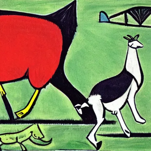 Prompt: A wolf stalking a sheep in a grassy field outside of a football stadium, in Picasso style