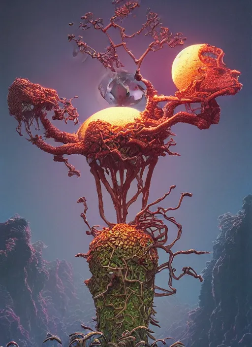 Image similar to blockchain headquater nendroid ginoid by zdzislaw beksinski and hajime sorayama lush plants and spiky bones everywhere, the moon is big an in the city, glowing paper lanterns, high fashion, magic details, by james jean, hd, 8 k, trending on artstation, uhd
