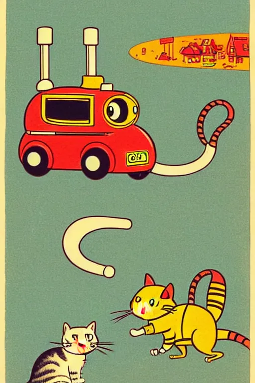 Prompt: by richard scarry. a cat chasing a robot mouse. a 1 9 5 0 s retro illustration. studio ghibli. muted colors, detailed