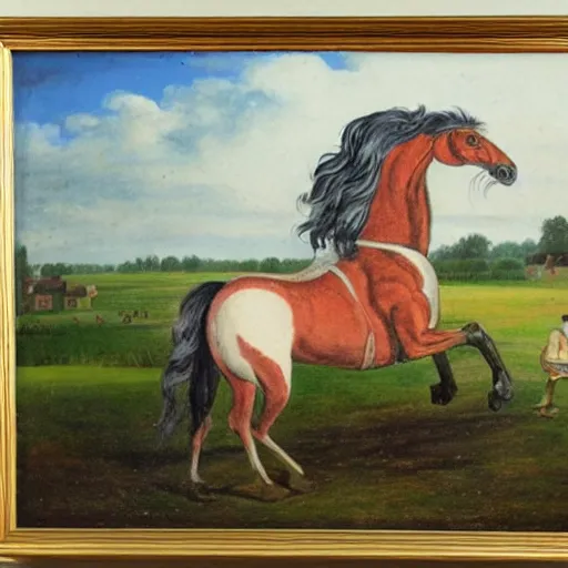 Image similar to panorama racławicka, old polish painting of a horse