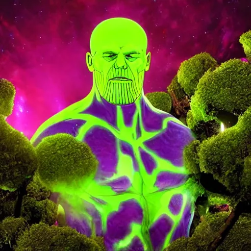 Image similar to thanos eating psilocybin mushrooms on the top of a tree glowing in florescent colors