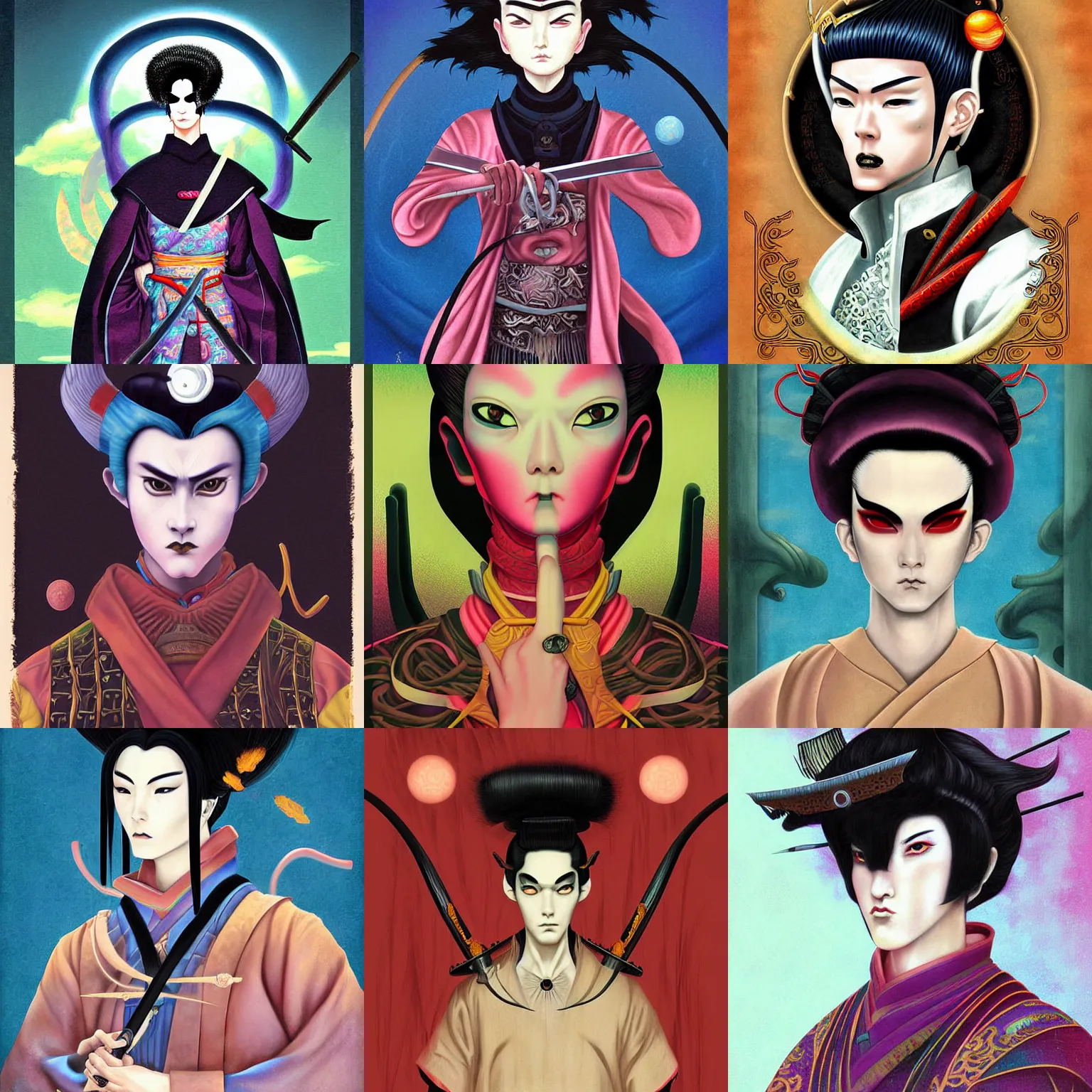 Prompt: digital painting of an male goth samurai by terese nielsen, mark ryden, amy sol in the style of, vintage shoujo, fantastic planet, 6 0 s poster art, minimalist poster art, vaporwave colors, artgerm