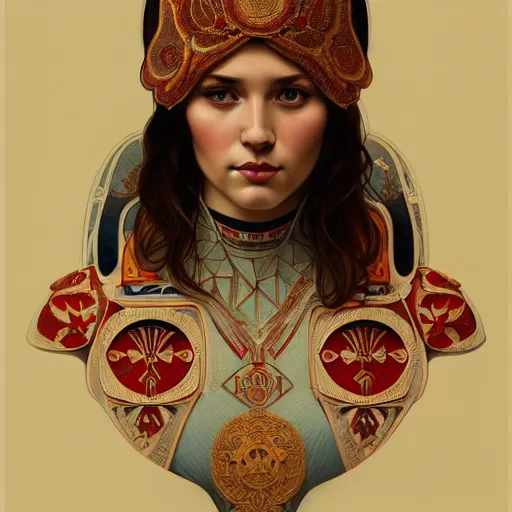 Prompt: a portrait of a female, upper half portrait, decorated with soviet motifs, russian soviet motifs, soviet, traditional russia, intricate, elegant, highly detailed, symmetry, headpiece, digital painting, artstation concept art smooth sharp focus, illustration, art by artgerm and greg rutkowski alphonse mucha 8 k