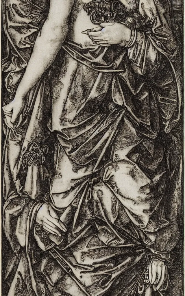 Prompt: Albrecht Durer Hans Holbein Lucas Cranach engraving of a goddess who combines the attributes of Diana, Athena, Guanyin, Shakti, Seshat, and Deborah