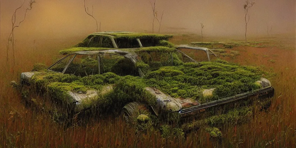 Image similar to hyper realistic painting of an australian landscape, an abandoned holden commodore covered with moss. by Zdzislaw Beksinski