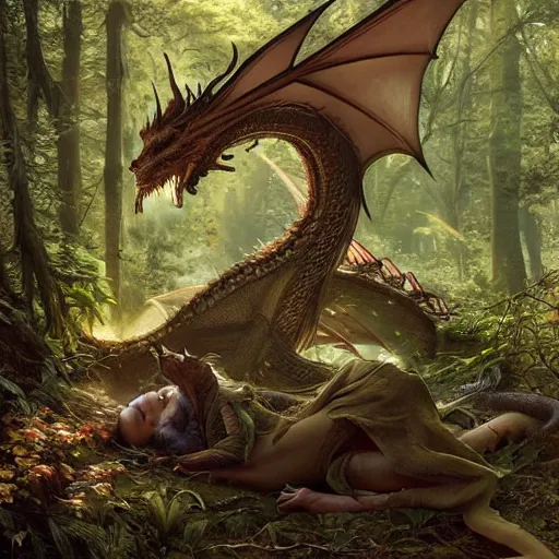 Image similar to a dragon sleeping in a forest, ultra realistic, concept art, intricate details, eerie, highly detailed, photorealistic, octane render, 8 k, unreal engine. art by artgerm and greg rutkowski and charlie bowater and magali villeneuve and alphonse mucha