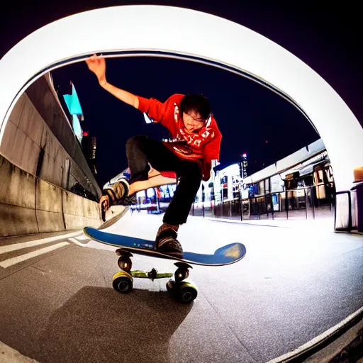 Image similar to fisheye lens photo of a skateboarder in Tokyo, night time, 8k, cinematic