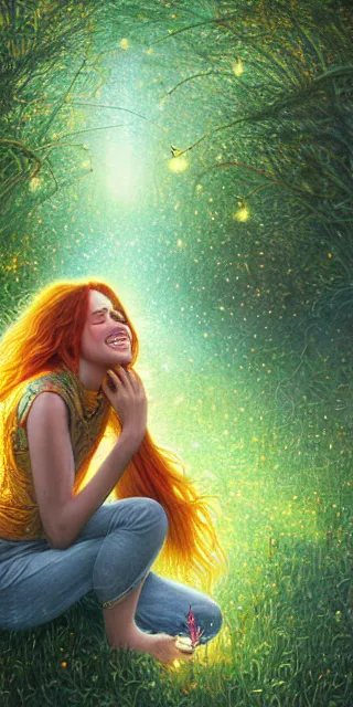 Image similar to infp young woman, smiling amazed, golden fireflies lights, sitting in the midst of nature fully covered, long loose red hair, intricate linework, green eyes, small nose with freckles, oval shape face, realistic, expressive emotions, dramatic lights spiritual scene, hyper realistic ultrafine art by michael cheval, jessica rossier, boris vallejo