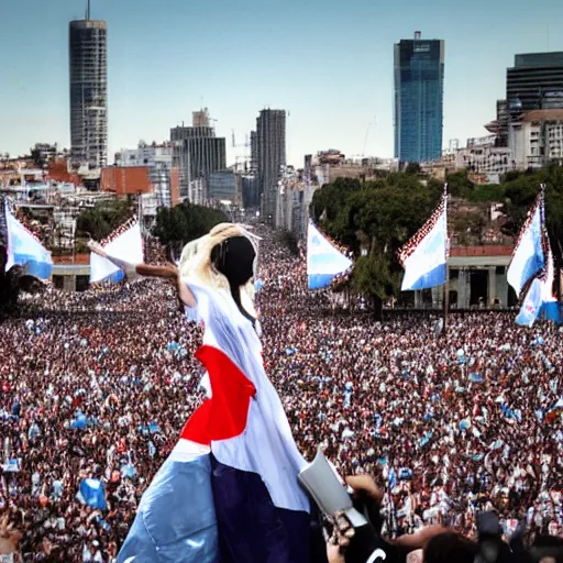 Image similar to Lady Gaga as president, Argentina presidential rally, Argentine flags behind, bokeh, giving a speech, detailed face, Argentina