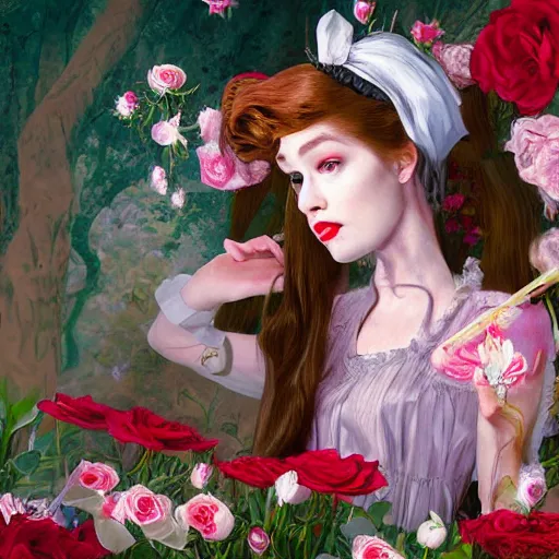 Image similar to Alice in Wonderland at the tea party, she looks like a mix of grimes, Aurora Aksnes and Zendaya, childlike, billowing elaborate hair and dress, strings of pearls, surrounded by red and white roses, digital illustration, inspired by a stylistic blend of Aeon Flux, Japanese shoujo manga, and John singer Sargent paintings, hyper detailed, dreamlike, incredibly ethereal, super photorealistic, iridescent, dichroic prism, speckled, marbling effect, tulle and lace, extremely fine inking lines