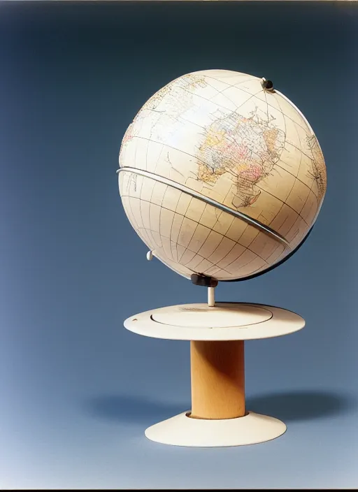 Prompt: realistic photo of a scientific model of an ugly rough globe made of white clay with wooden details, front view 1 9 9 0, life magazine reportage photo, metropolitan museum photo