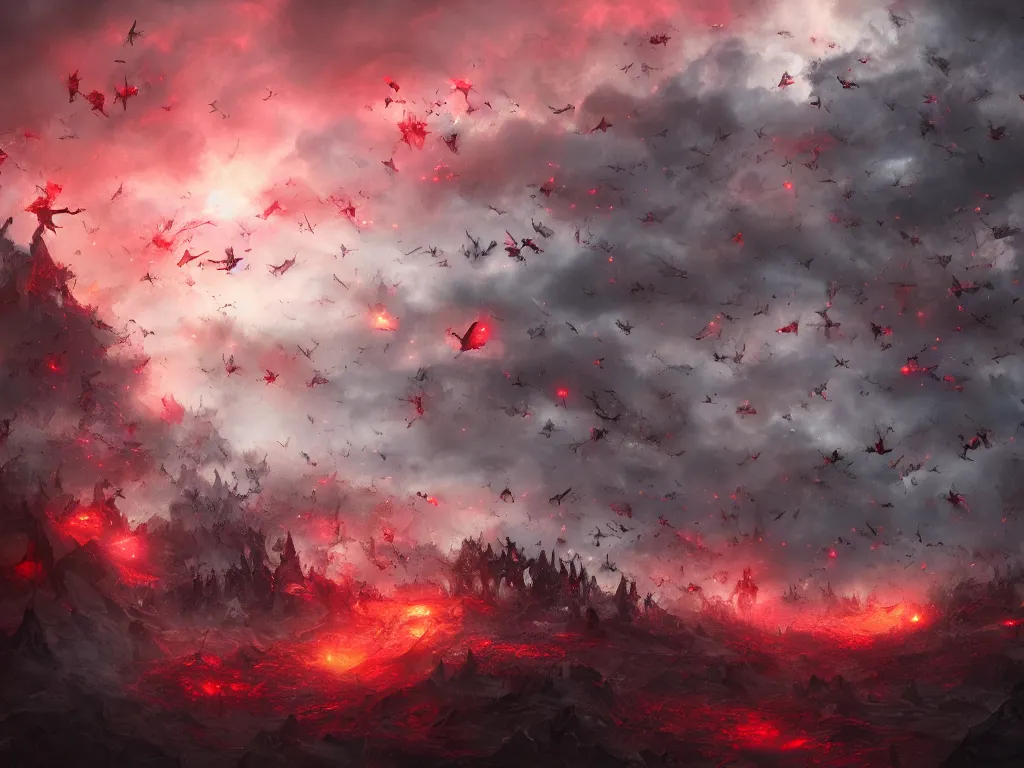 Image similar to a horde of angels falling from the sky, red lightning, apocalypse, eerie, digital painting, trending on artstation, deviantart, 8k, epic composition, intrinsic details, perfect coherence