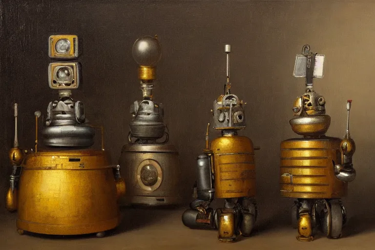 Image similar to still life painting of old vintage robot heads by pieter claesz, oil on canvas, strong lighting, highly detailed, hyper realism, golden hour, god rays, hd, 4 k