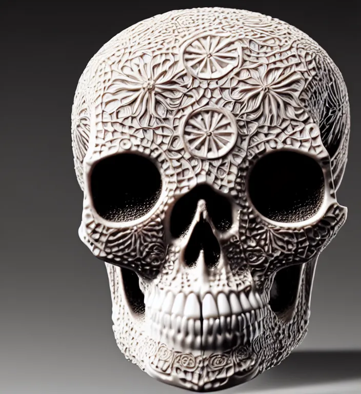 Image similar to Skull, A Close up photo-real delicate ceramic porcelain sculpture of a symmetrical ornate detailed in front of an intricate background by Victo Ngai and takato yamamoto, micro detail, backlit lighting, face in focus, subsurface scattering, translucent, thin porcelain, octane renderer, colorful, physically based rendering, japanese pottery, trending on cgsociety