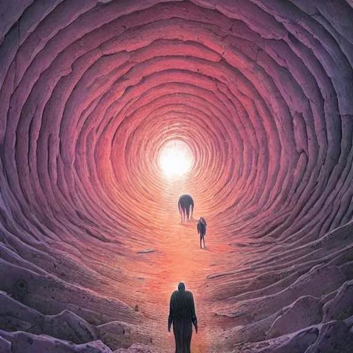 Image similar to humanoid walking through a wormwhole, Petros Afshar and Wayne Barlowe