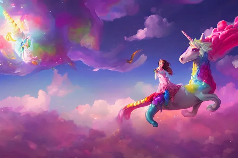 Prompt: a dreamscape with candy in the sky and a dragon riding a unicorn, artstation, cgsociety, 4K