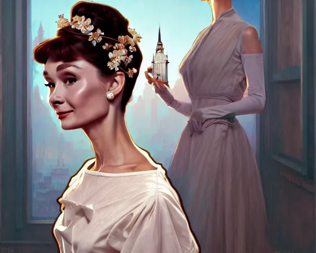 Image similar to photography of audrey hepburn in breakfast at tiffany's, snap shots of the movie, intricate, elegant, highly detailed, digital painting, artstation, concept art, matte, sharp focus, illustration, art by artgerm and greg rutkowski and alphonse mucha