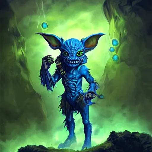 Image similar to a highly detailed goblin with blue skin and green eyes that glow, like magic the gathering, goblin chainwalker, with water in the background, digital art, by christopher rush