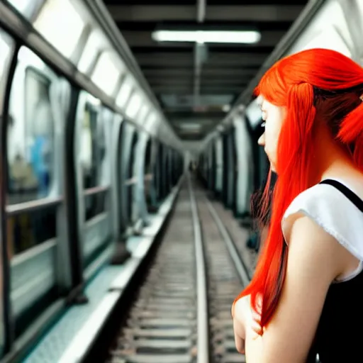 Prompt: A cute anime girl with red hair in a pony tail, she is riding the train to work early in the morning.