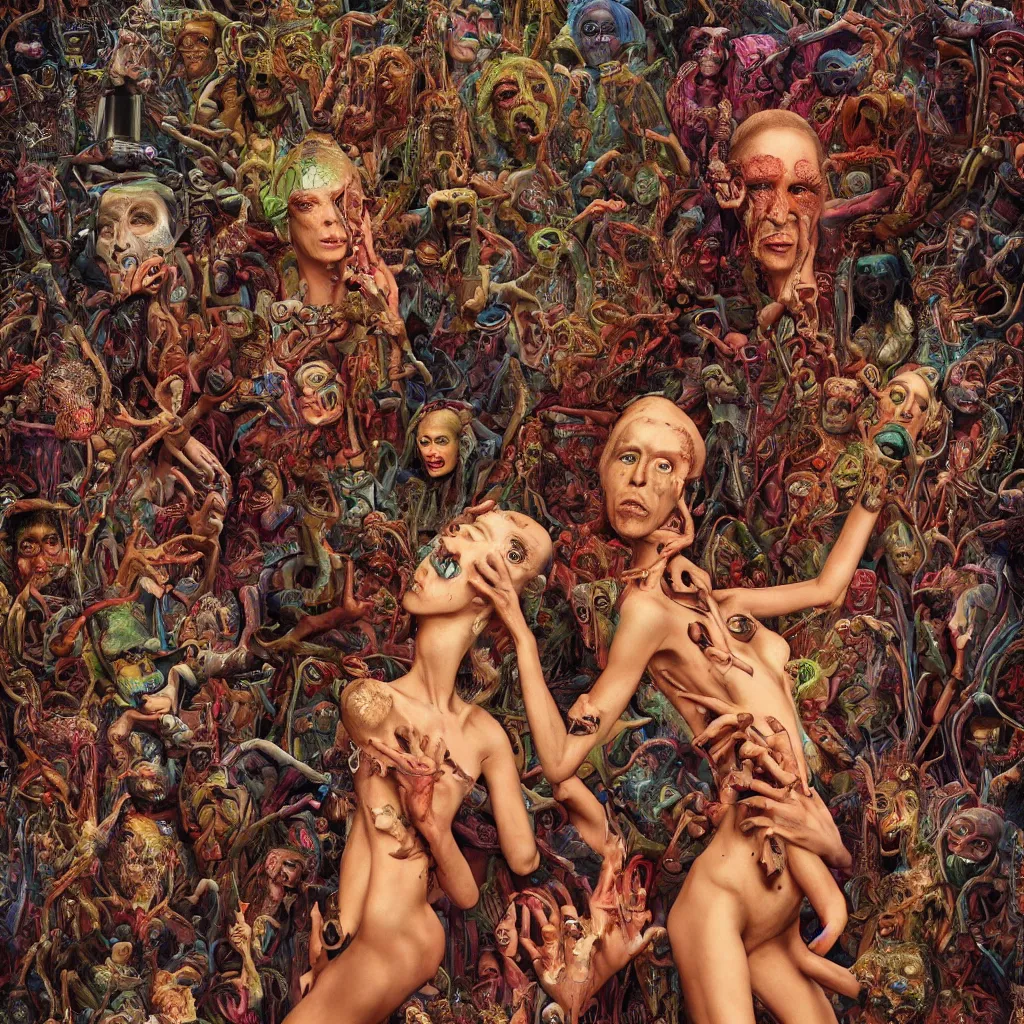 Image similar to 35mm color, humans enslaved, artificial intelligence, portrait, fashion shoot, freak show, weird, random, strange, hyperdetailed, photorealistic, interesting, by David la chapelle and karol bak and david cronenberg and WETA digital, art by Ivan Bilibin, Dariusz Zawadzki , ID magazine, octane rendering, cinematic, hyperrealism, octane rendering, 8k, depth of field, bokeh.