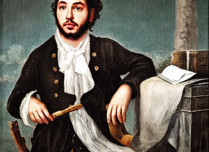 Image similar to romanticism painting of post malone during the french revolution