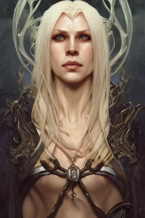 Image similar to portrait of an old blonde elven mage, dark, piercing eyes, gentle expression, elegant clothing, photorealistic, highly detailed, artstation, smooth, sharp focus, art by michael whelan, artgerm, greg rutkowski and alphonse mucha