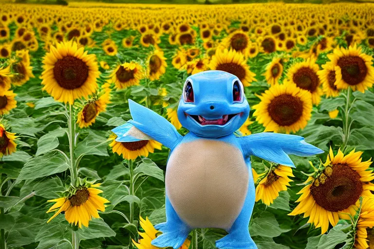 Prompt: portrait, photo of a squirtle smiling at the camera, beautiful, scene : sunflower field, colors : yellow sunflowers, cloudy sky, in a style of real - life natural photo