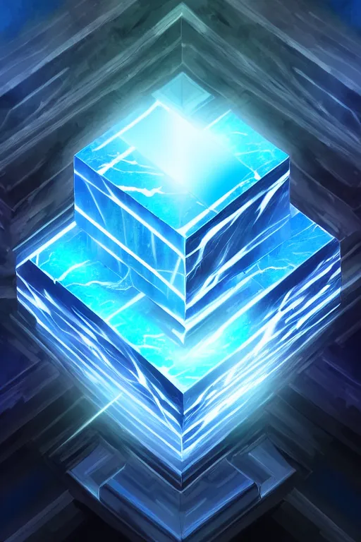 Image similar to foreground : big black marble cube. background : vertical blue beam of light, flux. fantasy, digital painting, hd, detailed.