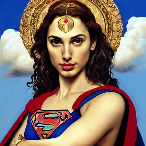Image similar to Head and shoulders masterpiece portrait oil painting of the beautiful goddess Gal Gadot as Supergirl, she is wearing roman clothes and a surreal jewelry, her hair is natural disheveled, she is approaching heaven over the clouds, naturalism, dramatic lighting, high-detailed oil painting by Ilya Repin, Michelangelo da Caravaggio, William Blake, Alex Grey and Beksinski, trending on Artsation, hystorical painting, naturalism, masterpiece, full body shot, 4k, 8k,