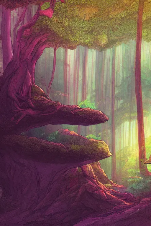 Prompt: concept art painting of a forest in a cave, artgerm, moebius, inio asano, toon shading, cel shading, calm, tranquil, vaporwave colors,