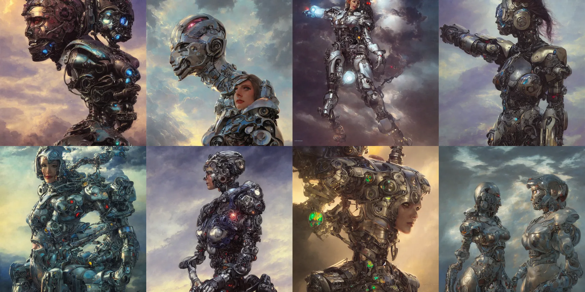 Prompt: portrait of epic girl cyborg neon armor, in clouds, cinematic studio light, windy, sunrise, wlop, by gerald brom, by mikhail vrubel, by peter elson, muted colors, extreme detail, trending on artstation