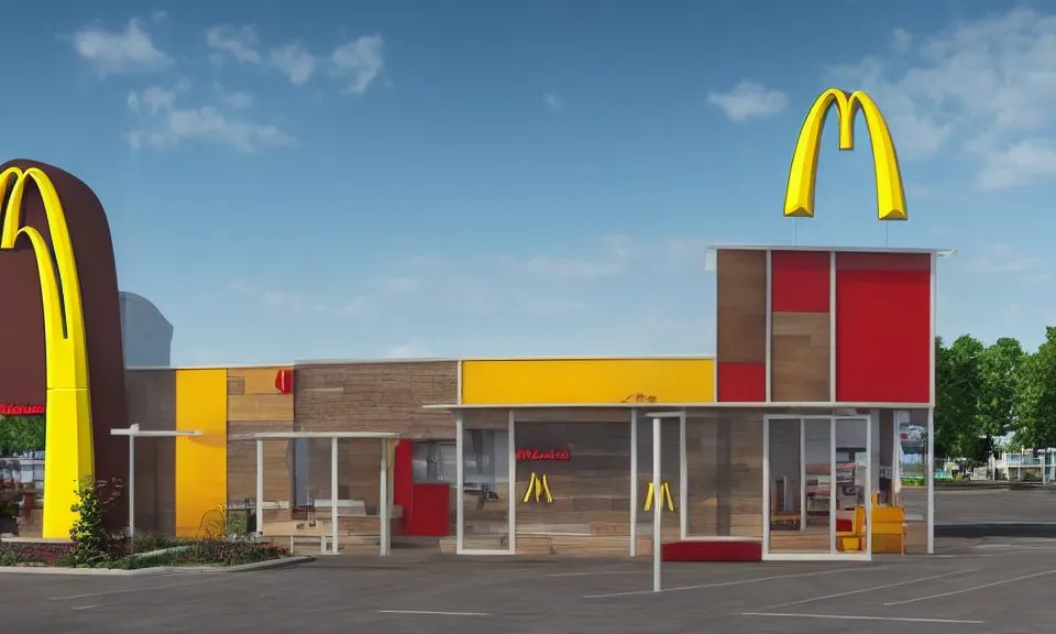 Image similar to exterior shot of a mcdonalds, abstract architecture, archviz, render, highly detailed, 4 k, surrealistic, ultra realism