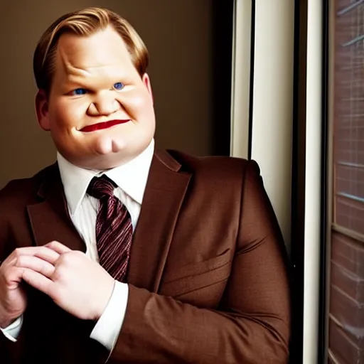 Image similar to Andy Richter is wearing a chocolate brown suit and necktie and is in a bedroom with a window letting in bright morning sunlight. Andy is sitting upright in a bed and is stretching his arm. His mouth his wide open as he yawns.