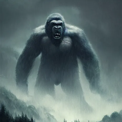 Image similar to King Kong in the forest in the storm, fantasy art, in the style of greg rutkowski, illustration, epic, fantasy, intricate, hyper detailed, artstation, concept art, smooth, sharp focus, ray tracing