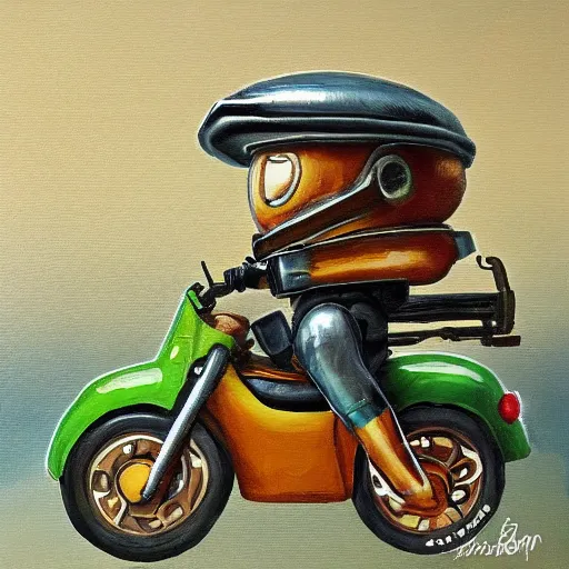 Image similar to mr bean driving his mini and master chief on the chair on top, cg painting