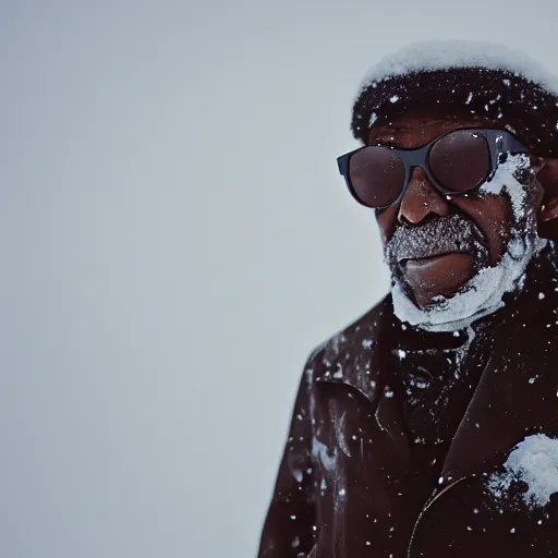 Prompt: photo, 1 0 0 year old black man wandering in the snow, moncler jacket, circular sunglasses, close up portrait, cold color temperature, snow storm. hazy atmosphere. humidity haze. kodak ektachrome, greenish expired film, award winning, low contrast