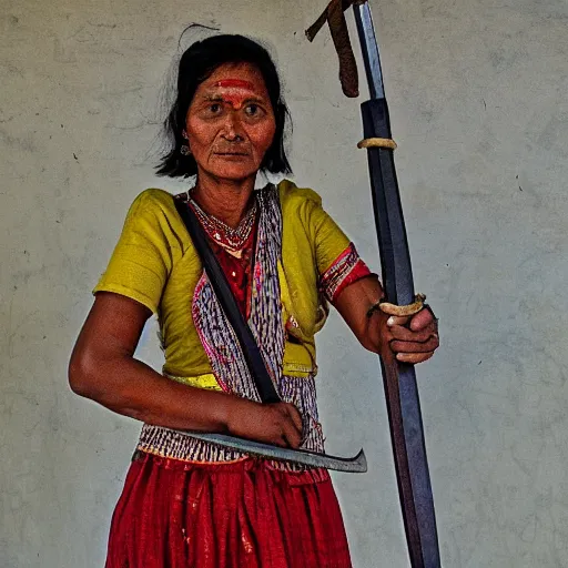 Prompt: a nepali woman carrying a sword, art