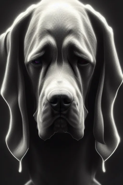 Prompt: dog as mourning crying phantom, very detailed face, detailed features, fantasy, circuitry, explosion, dramatic, intricate, elegant, highly detailed, digital painting, artstation, concept art, smooth, sharp focus, illustration, art by gustave dore, octane render