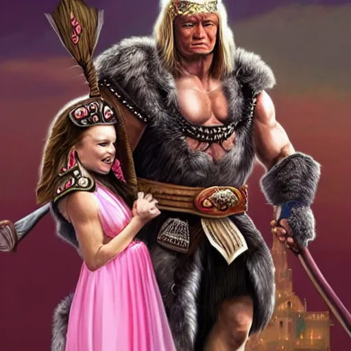 Prompt: vladimir putin as conan the barbarian holding donald trump as a princess wearing a pink dress. realistic.